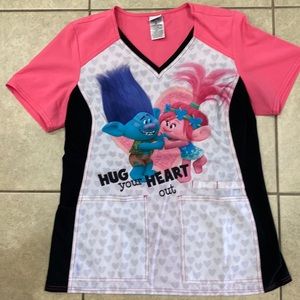 Women’s Scrub Top. Cherokee Tooniforms Size M. Gently used. Trolls. Pink